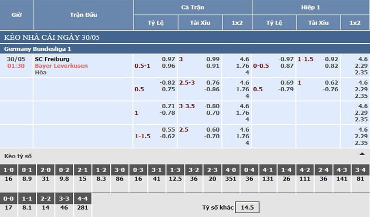 bảng tỷ lệ kèo nhà cái SC Freiburg vs Bayer Leverkusen